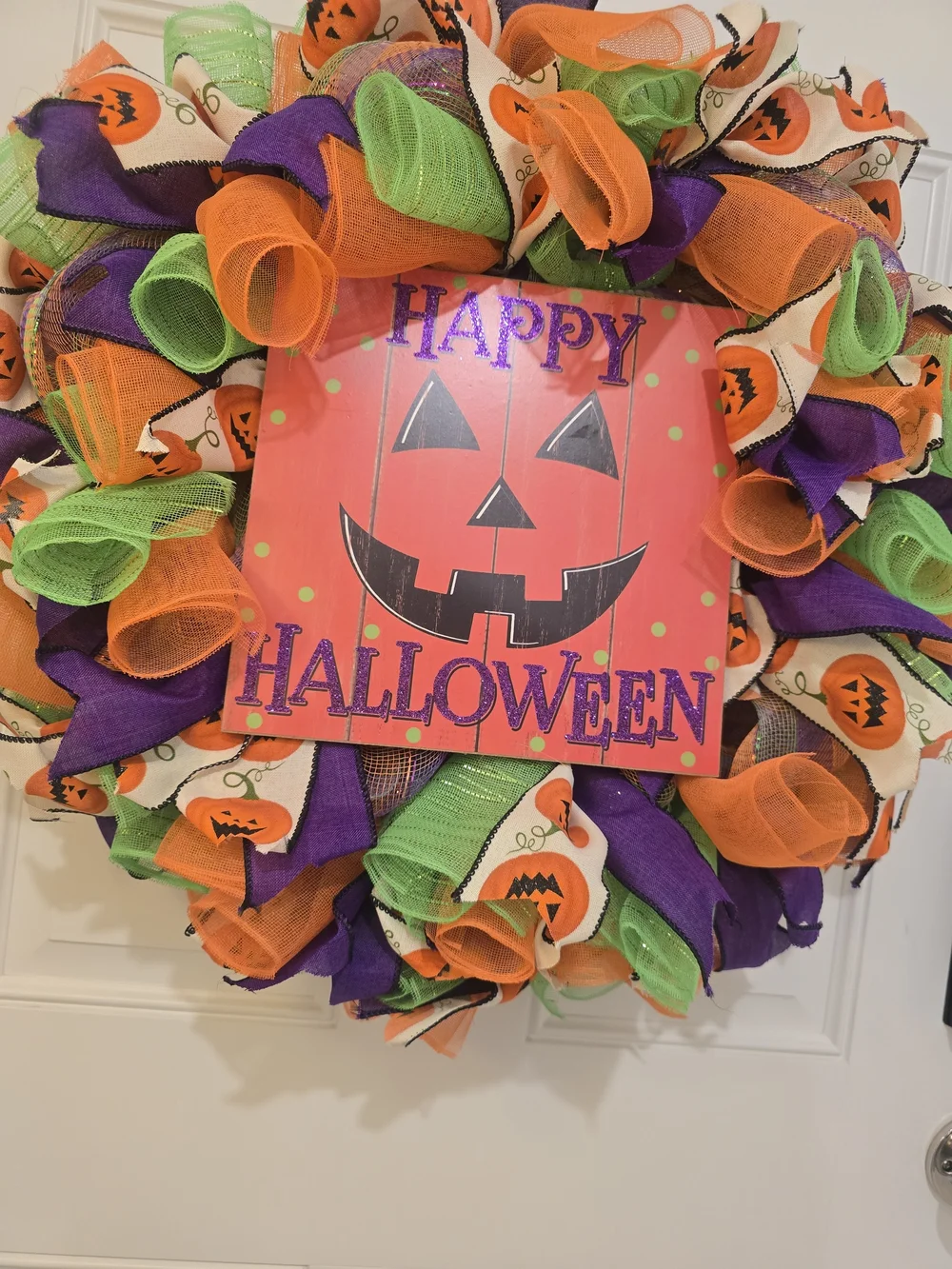 Happy Halloween Pumpkin Wreath - Orange, Purple & Green